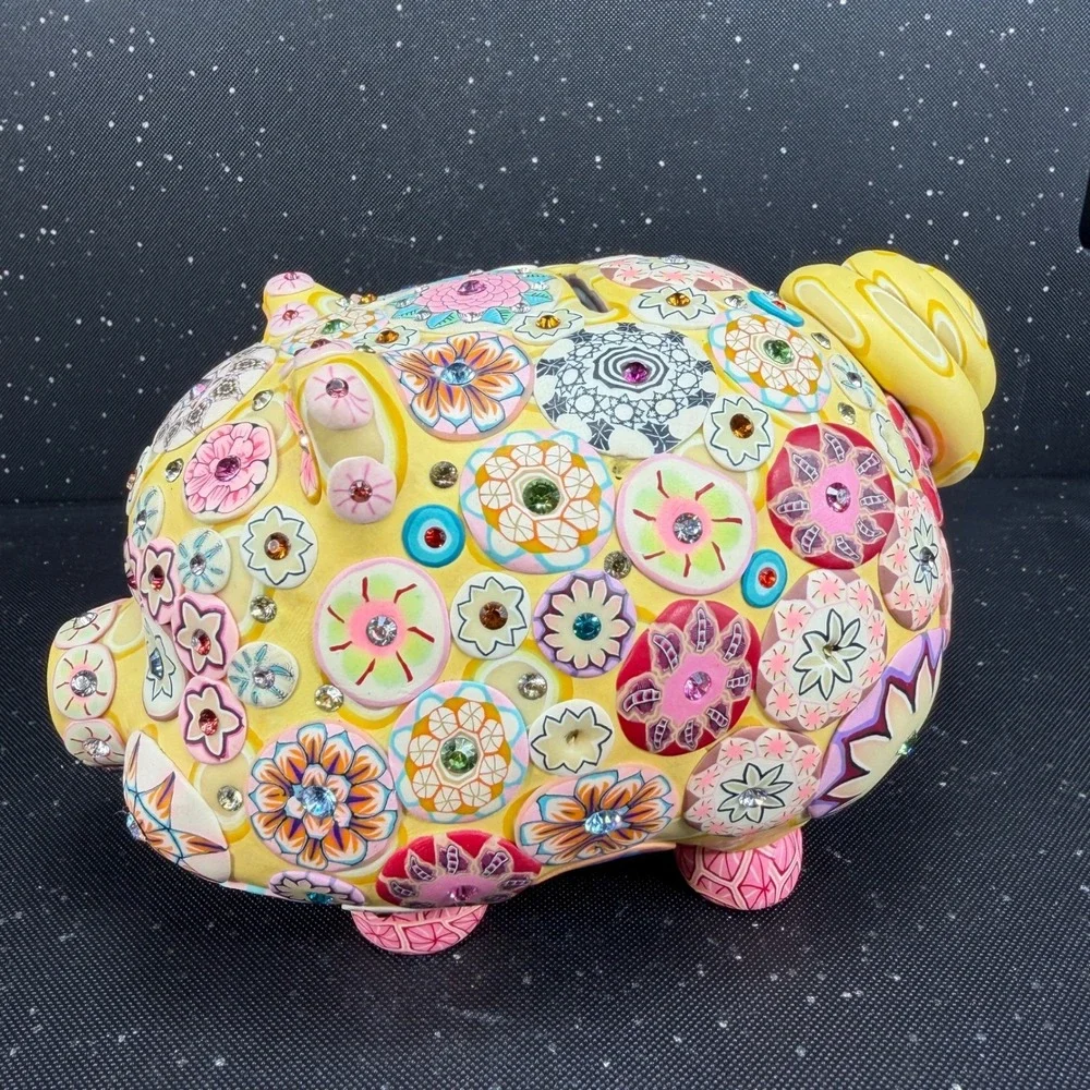 Billie Beads 2003 Handcrafted Piggy Bank Yellow Floral Millefiori Rhinestone 7in